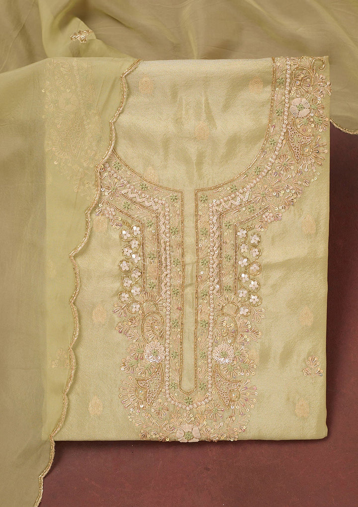 Pista Green Cutdana Organza Unstitched Salwar Suit-Koskii