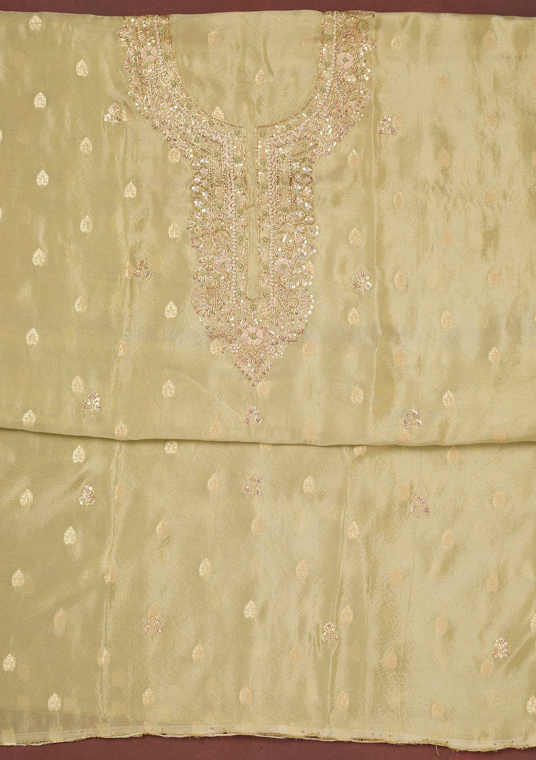 Pista Green Cutdana Organza Unstitched Salwar Suit-Koskii