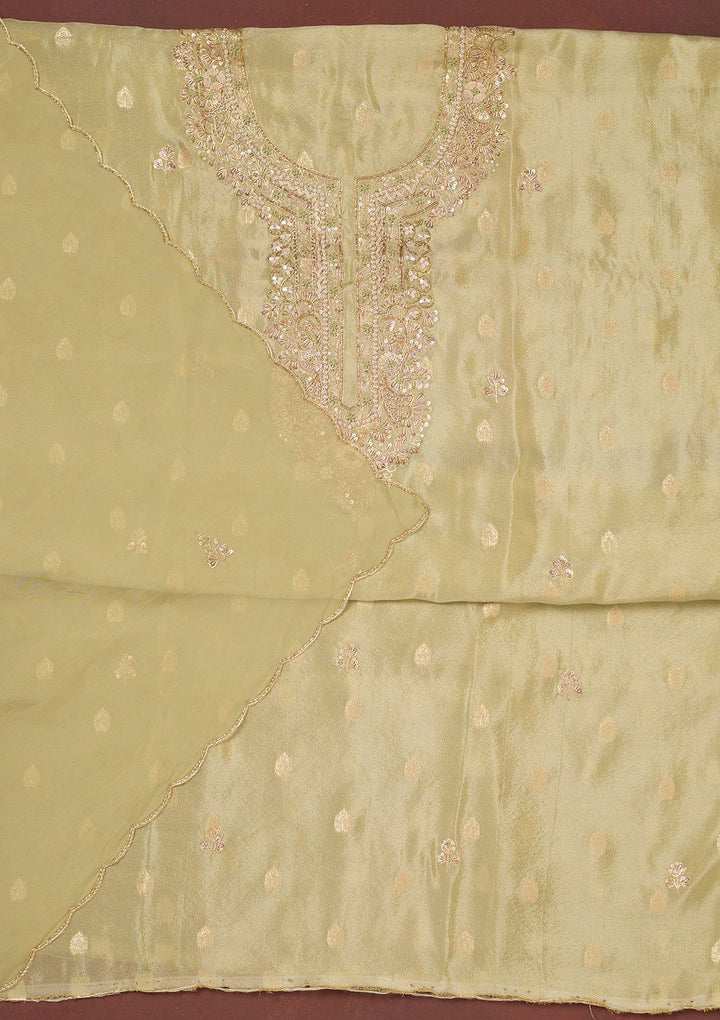 Pista Green Cutdana Organza Unstitched Salwar Suit-Koskii