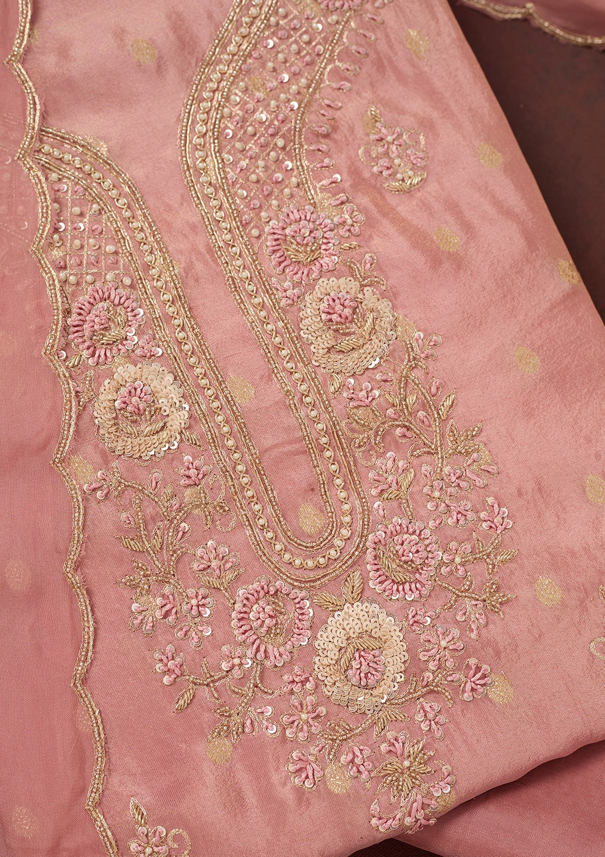Onion Pink Cutdana Organza Unstitched Salwar Suit-Koskii