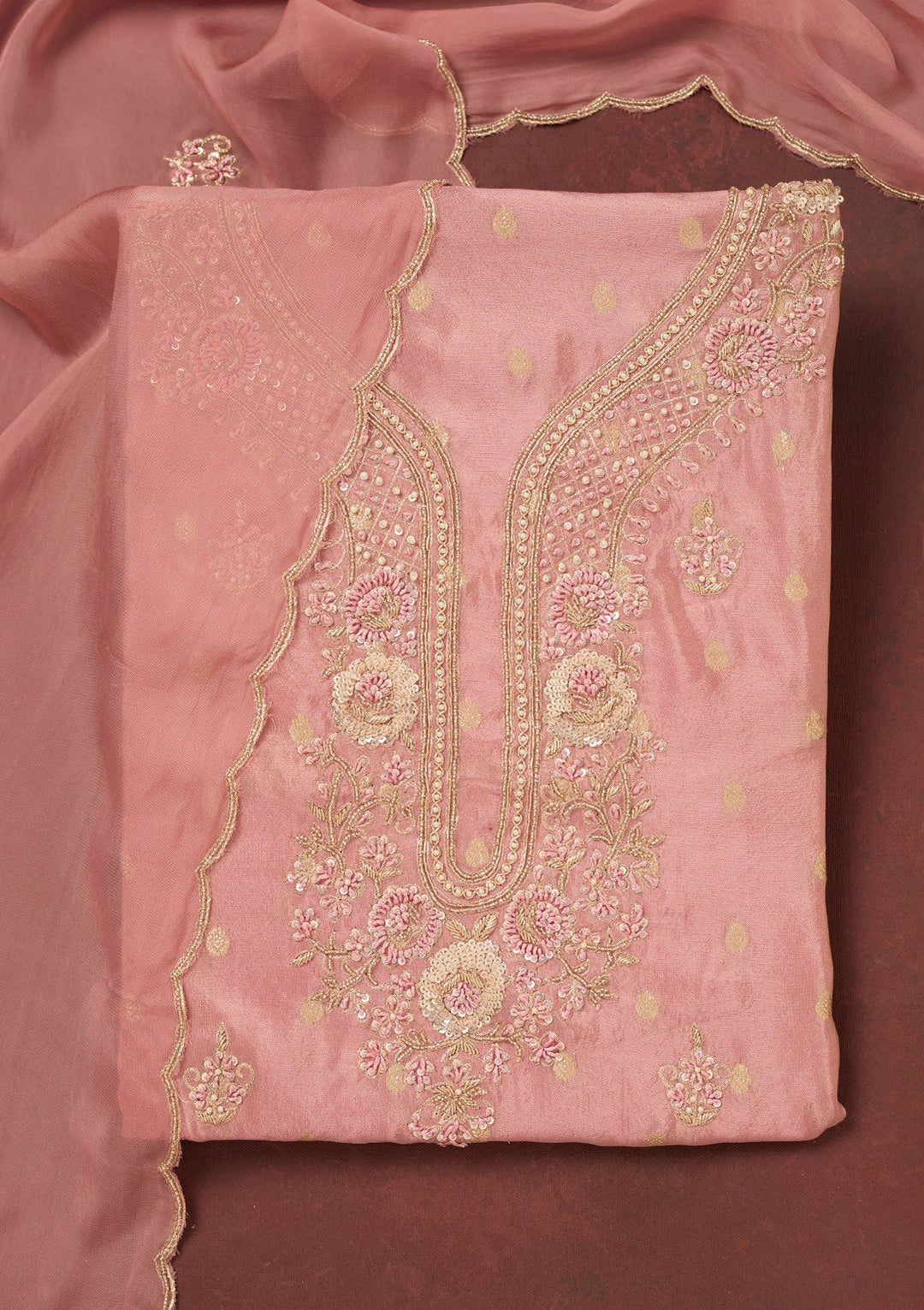Onion Pink Cutdana Organza Unstitched Salwar Suit-Koskii