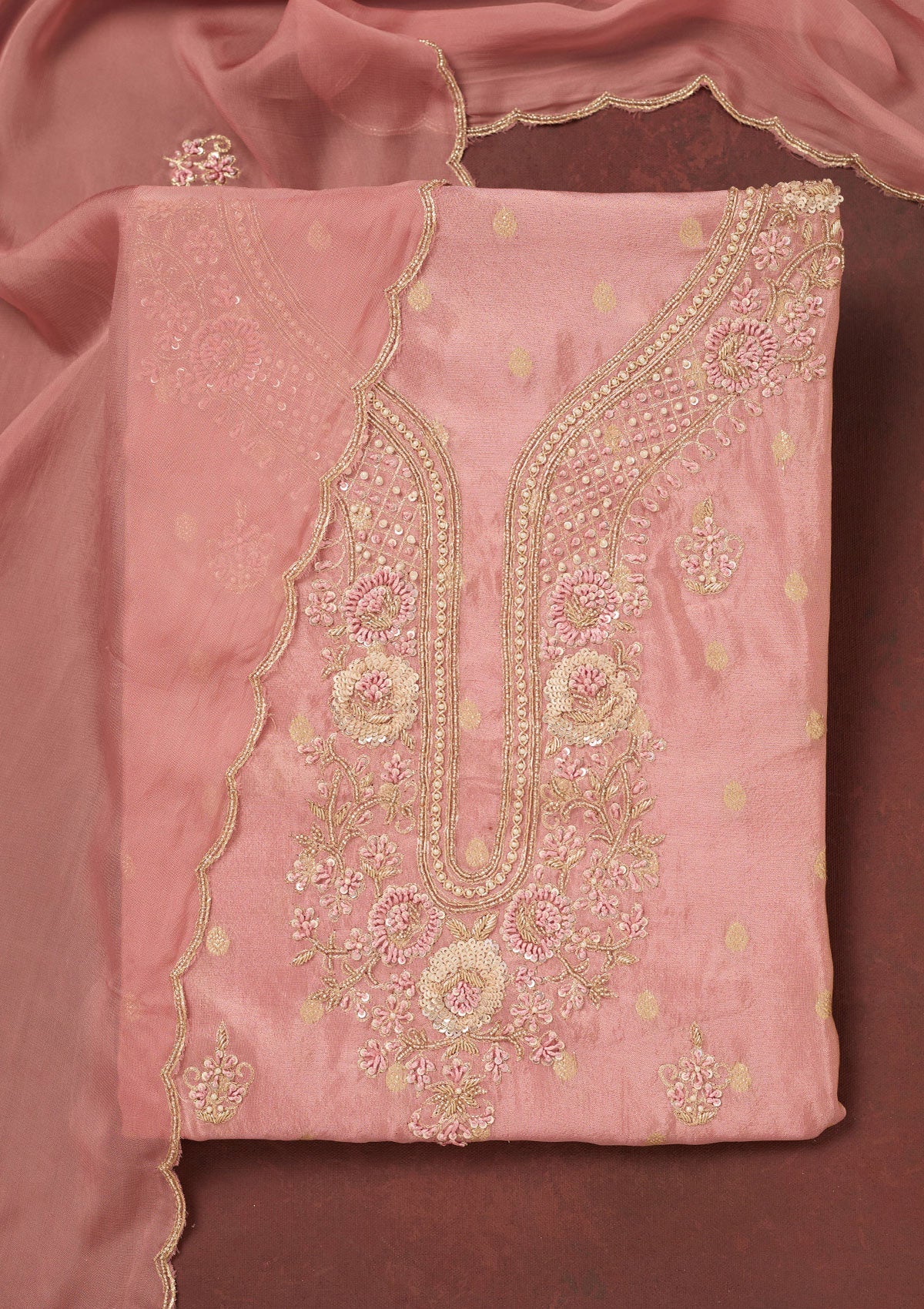 Onion Pink Cutdana Organza Unstitched Salwar Suit-Koskii