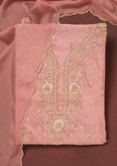 Onion Pink Cutdana Organza Unstitched Salwar Suit-Koskii