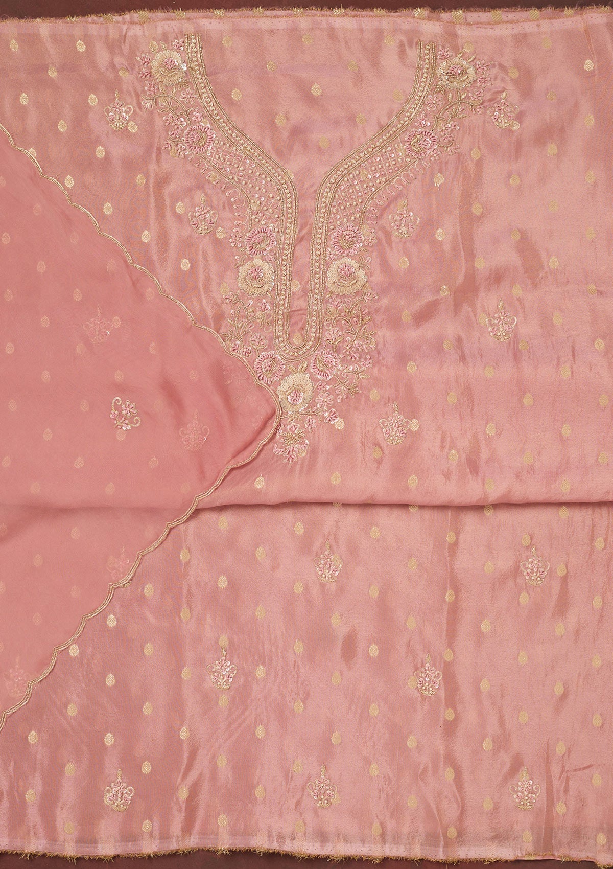 Onion Pink Cutdana Organza Unstitched Salwar Suit-Koskii