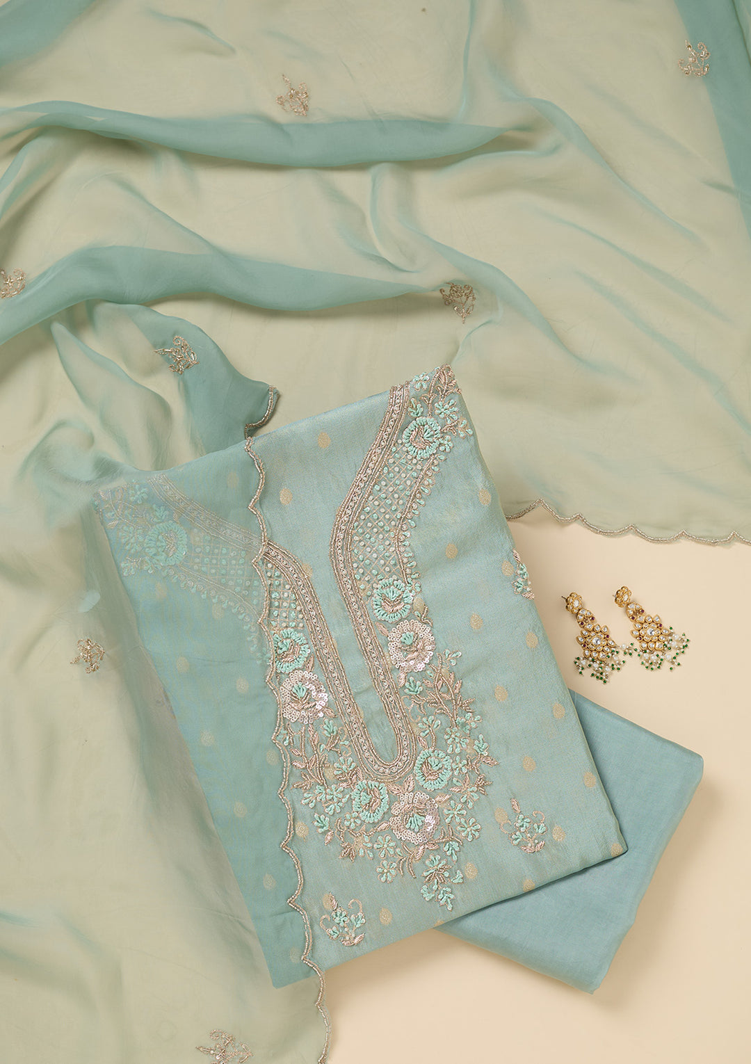 Sky Blue Pearlwork Soft Raw Silk Unstitched Salwar Suit