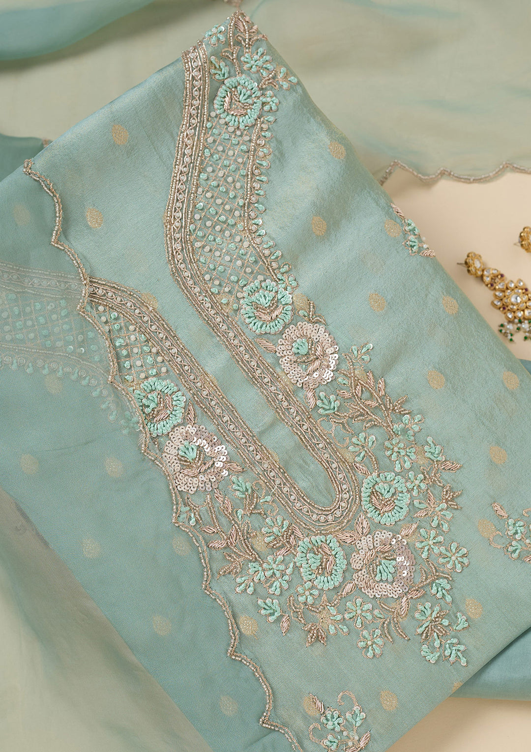 Sky Blue Pearlwork Soft Raw Silk Unstitched Salwar Suit