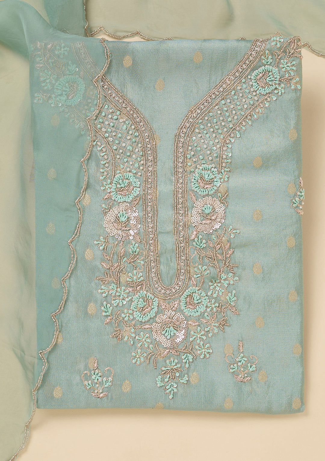 Sky Blue Pearlwork Soft Raw Silk Unstitched Salwar Suit