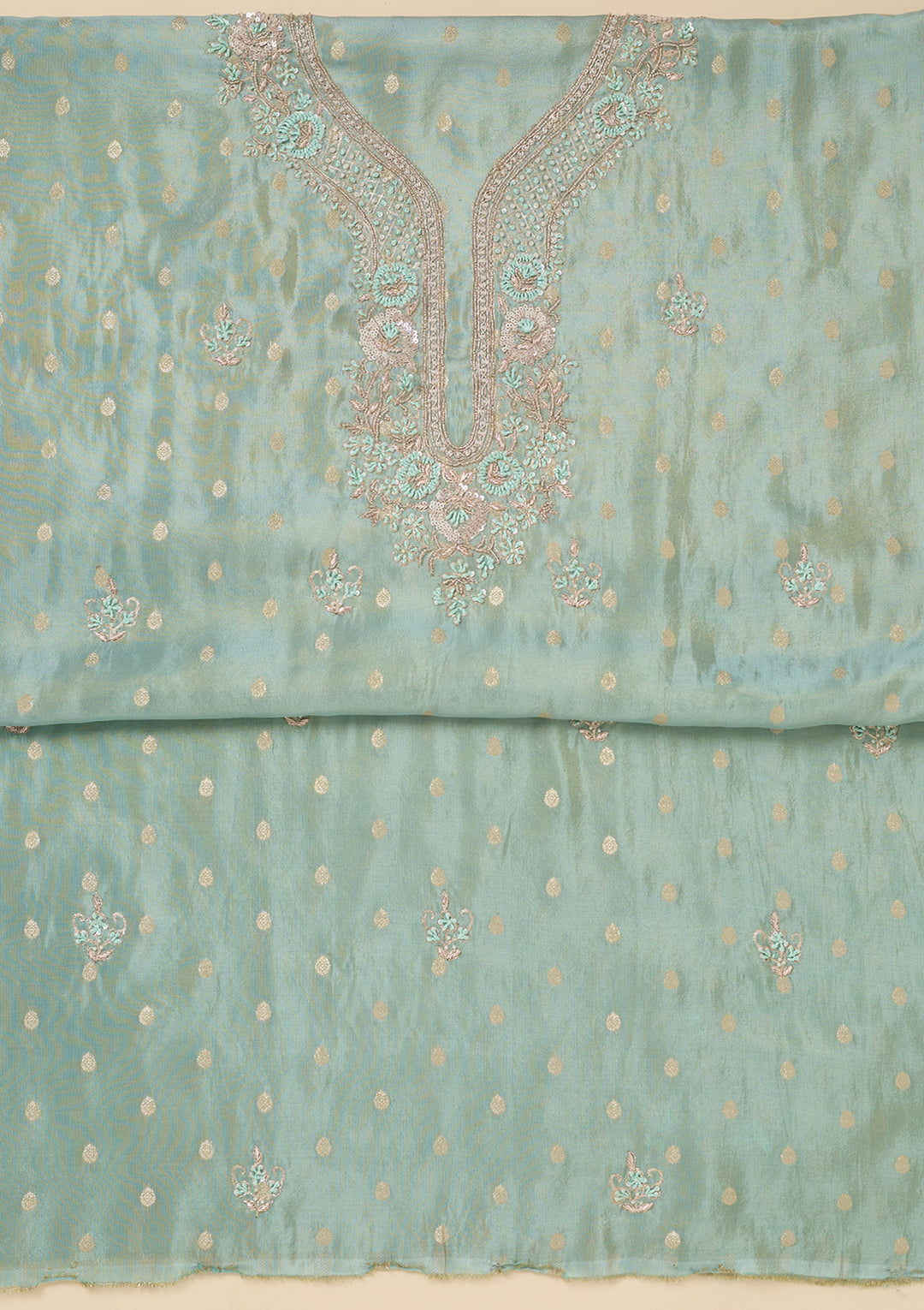 Sky Blue Pearlwork Soft Raw Silk Unstitched Salwar Suit