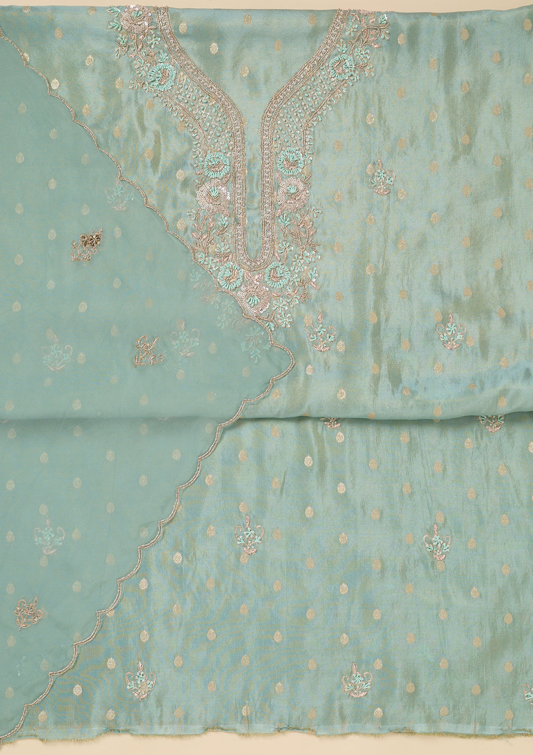 Sky Blue Pearlwork Soft Raw Silk Unstitched Salwar Suit