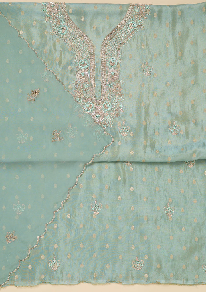 Sky Blue Pearlwork Soft Raw Silk Unstitched Salwar Suit
