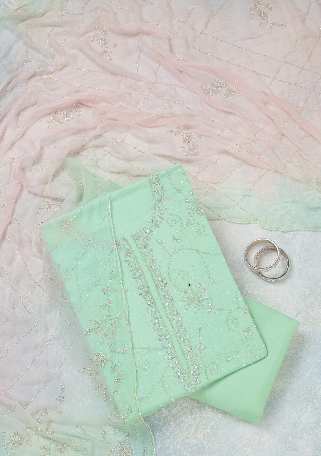 Green Mirrorwork Georgette Unstitched Salwar Suit-Koskii