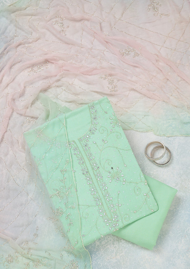 Green Mirrorwork Georgette Unstitched Salwar Suit-Koskii