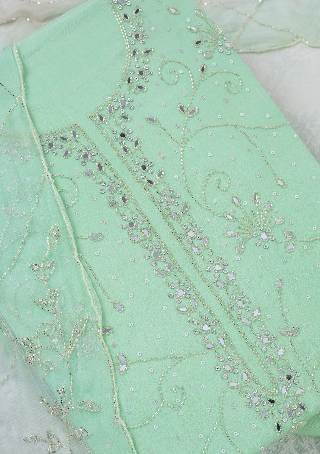 Green Mirrorwork Georgette Unstitched Salwar Suit-Koskii