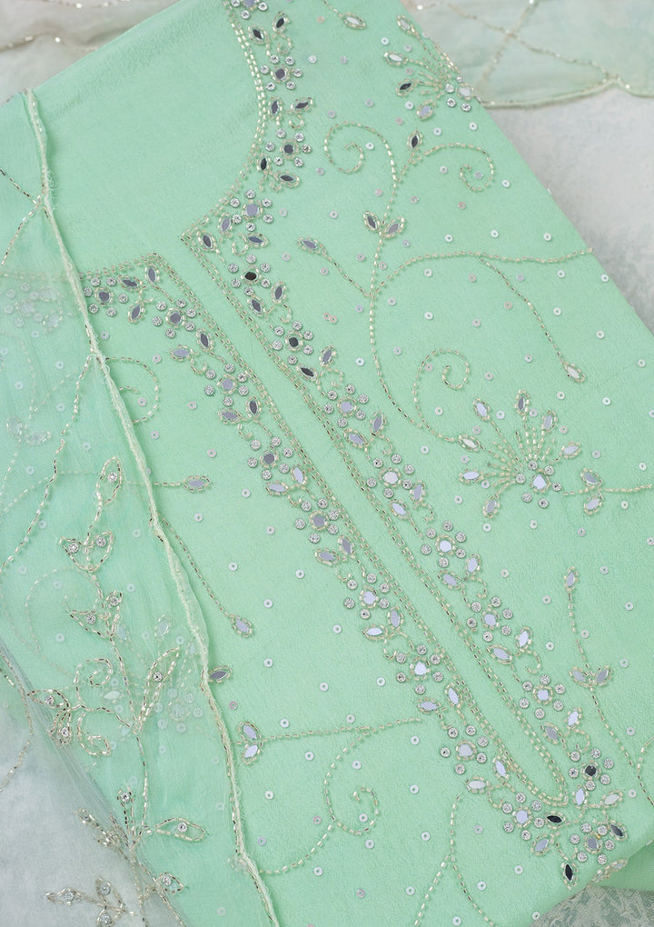 Green Mirrorwork Georgette Unstitched Salwar Suit-Koskii