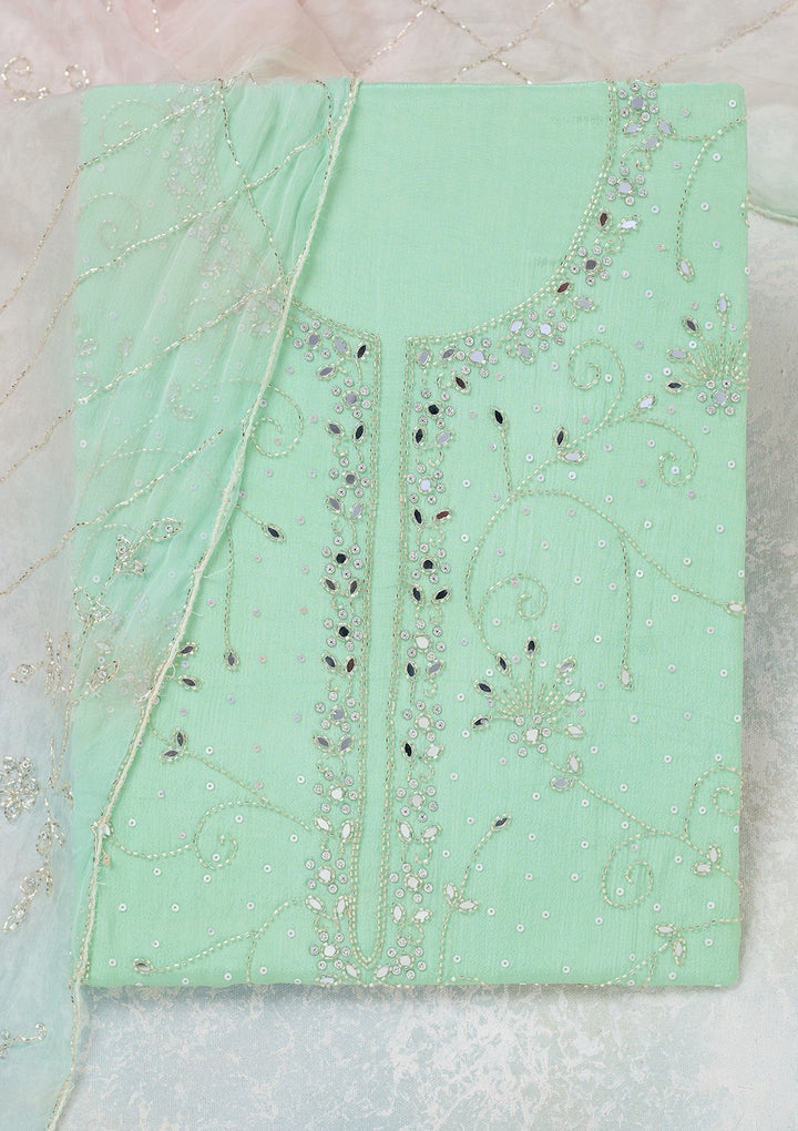 Green Mirrorwork Georgette Unstitched Salwar Suit-Koskii