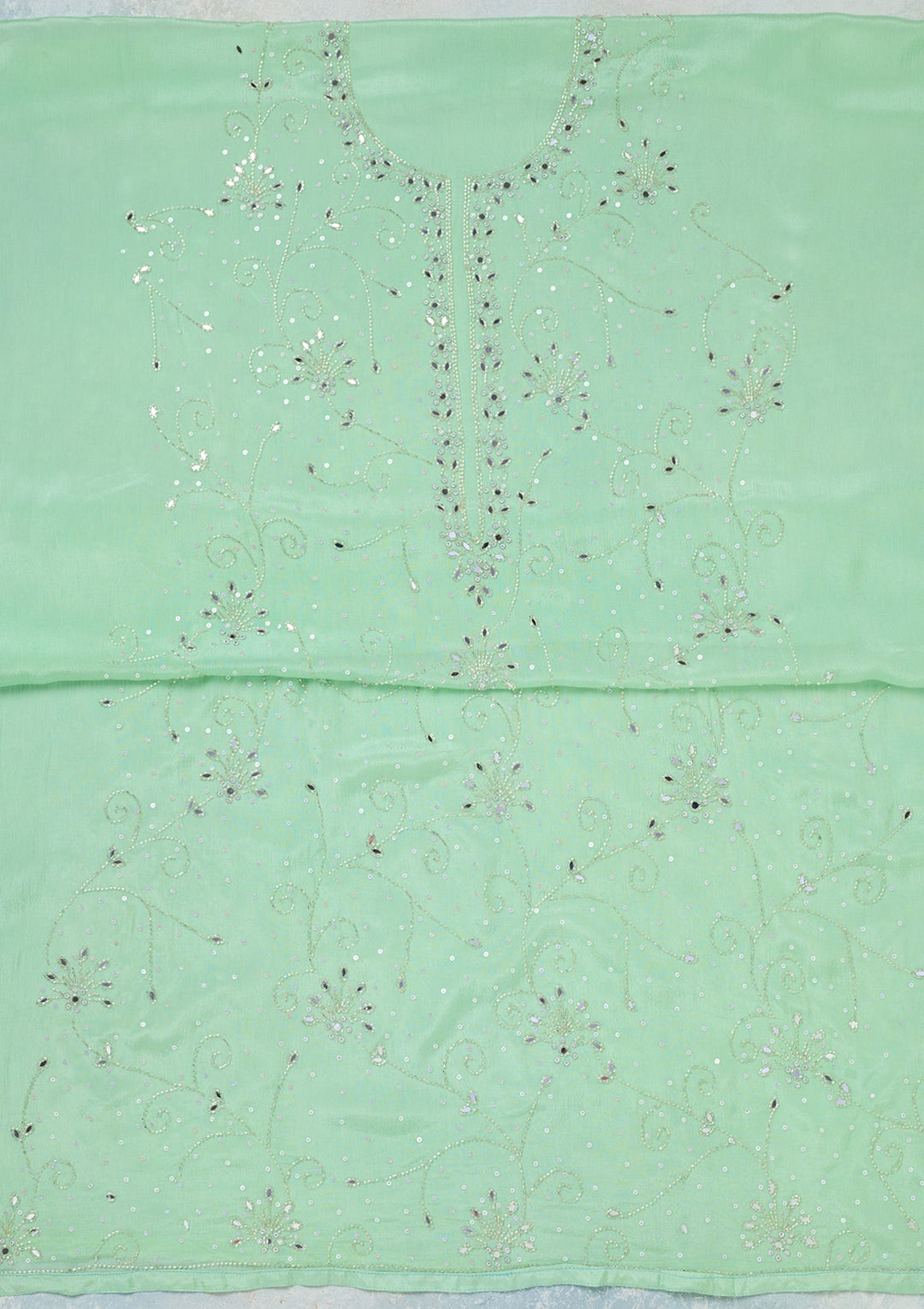 Green Mirrorwork Georgette Unstitched Salwar Suit-Koskii