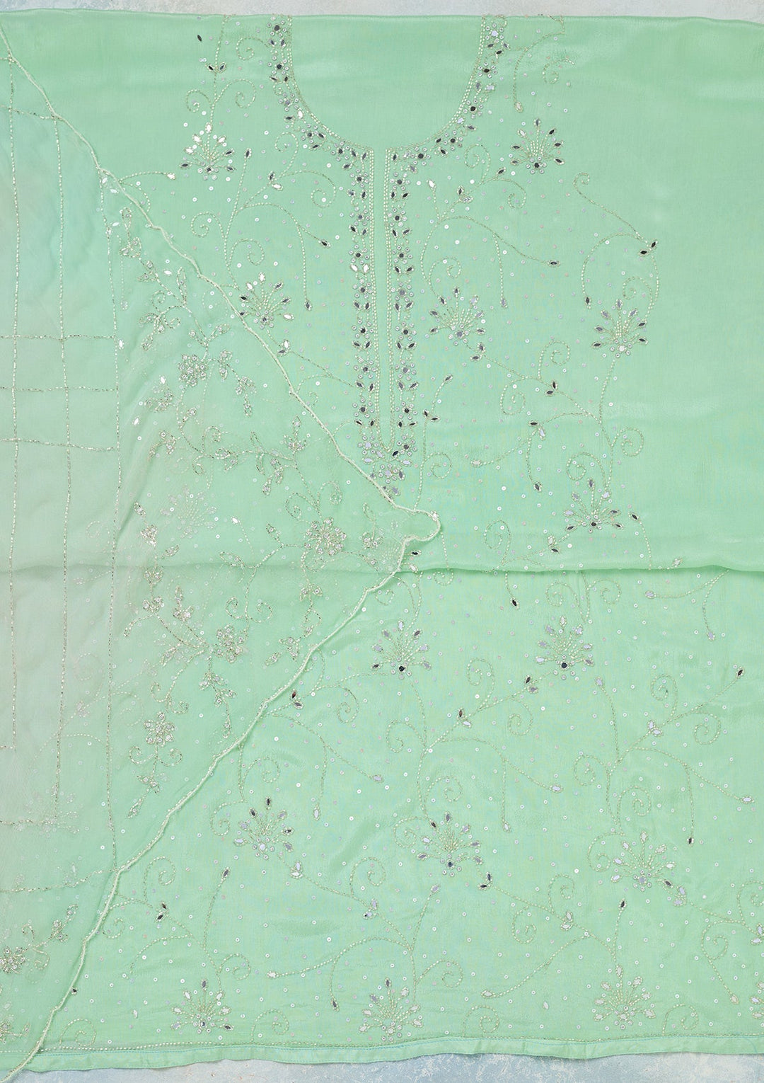 Green Mirrorwork Georgette Unstitched Salwar Suit-Koskii