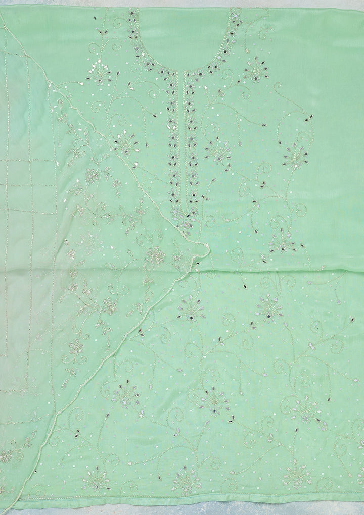 Green Mirrorwork Georgette Unstitched Salwar Suit-Koskii