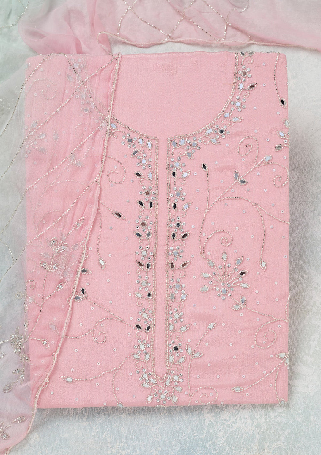 Pink Mirrorwork Georgette Unstitched Salwar Suit-Koskii