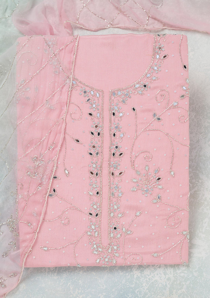 Pink Mirrorwork Georgette Unstitched Salwar Suit-Koskii