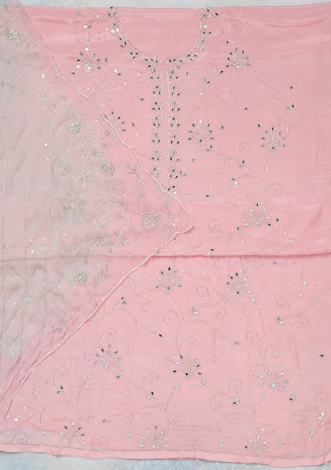 Pink Mirrorwork Georgette Unstitched Salwar Suit-Koskii