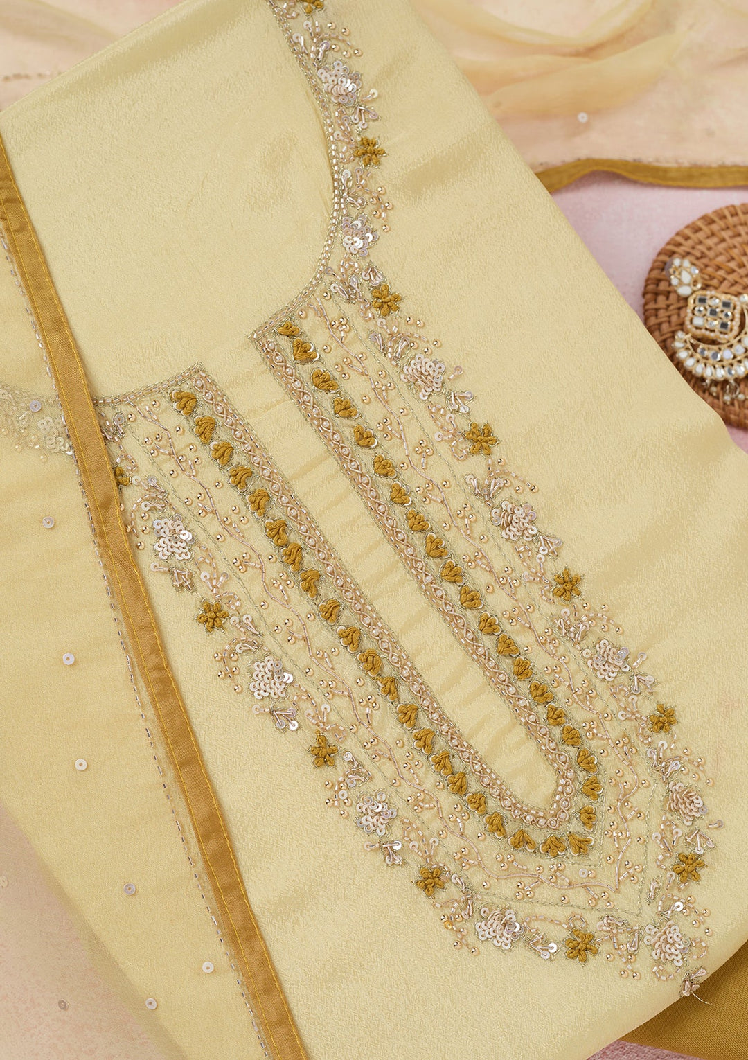 Lemon Yellow Cutdana Georgette Unstitched Salwar Suit-Koskii
