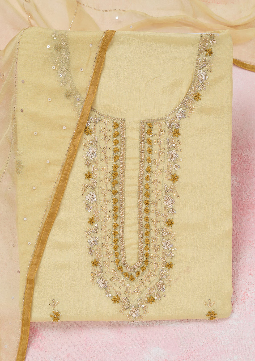 Lemon Yellow Cutdana Georgette Unstitched Salwar Suit-Koskii