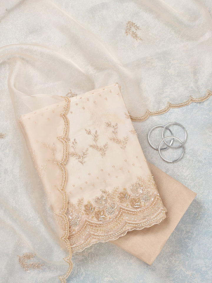Off White Zardozi (Gold) Organza Unstitched Salwar Suit