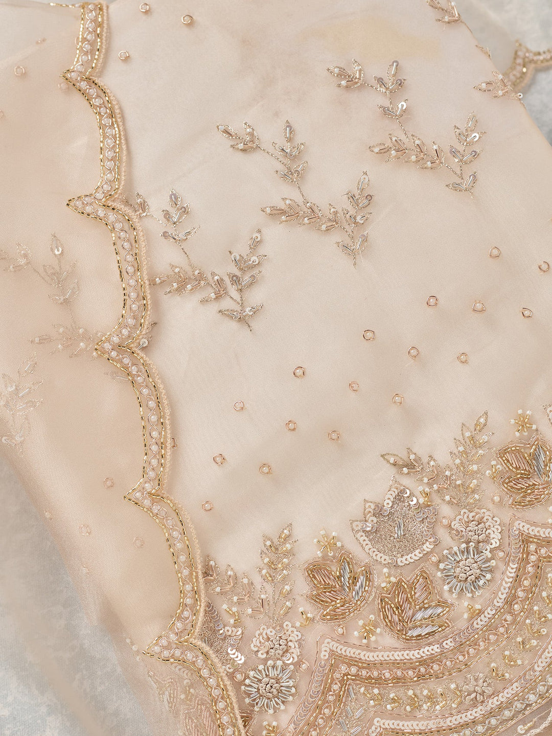 Off White Zardozi (Gold) Organza Unstitched Salwar Suit