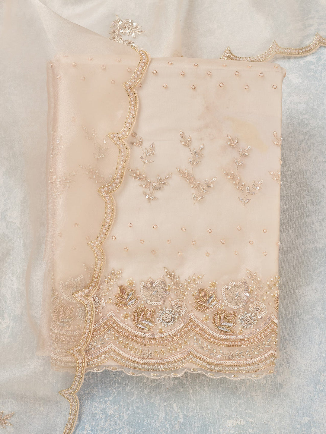 Off White Zardozi (Gold) Organza Unstitched Salwar Suit