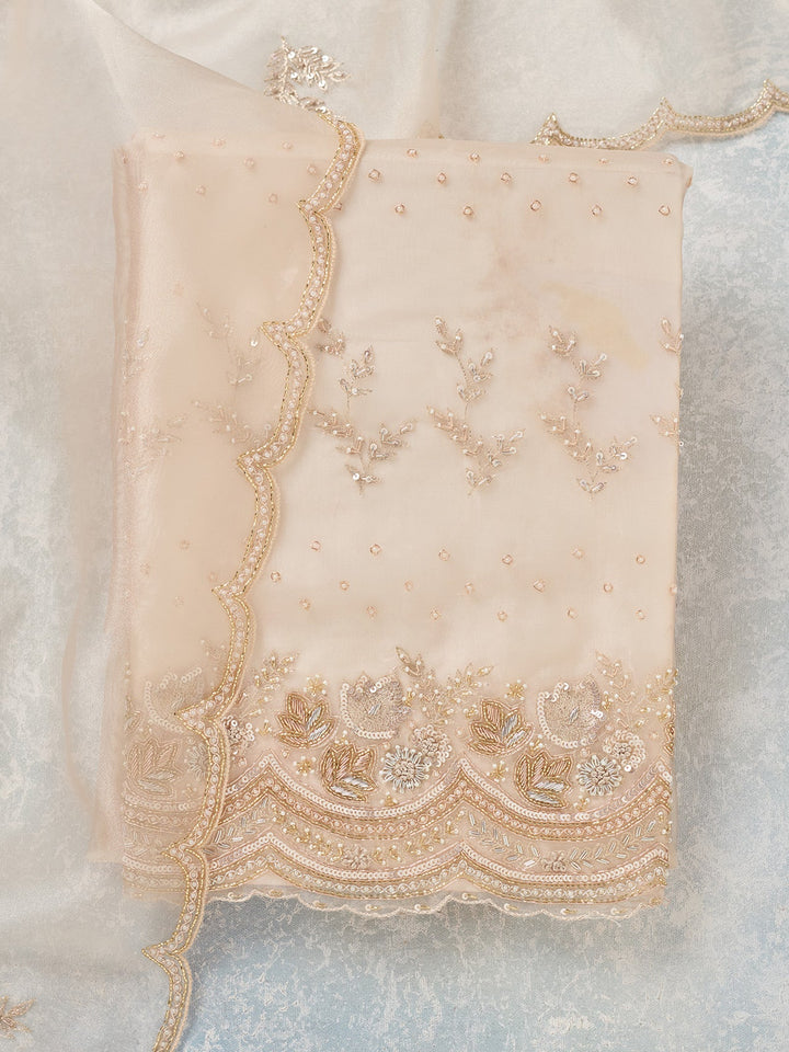 Off White Zardozi (Gold) Organza Unstitched Salwar Suit