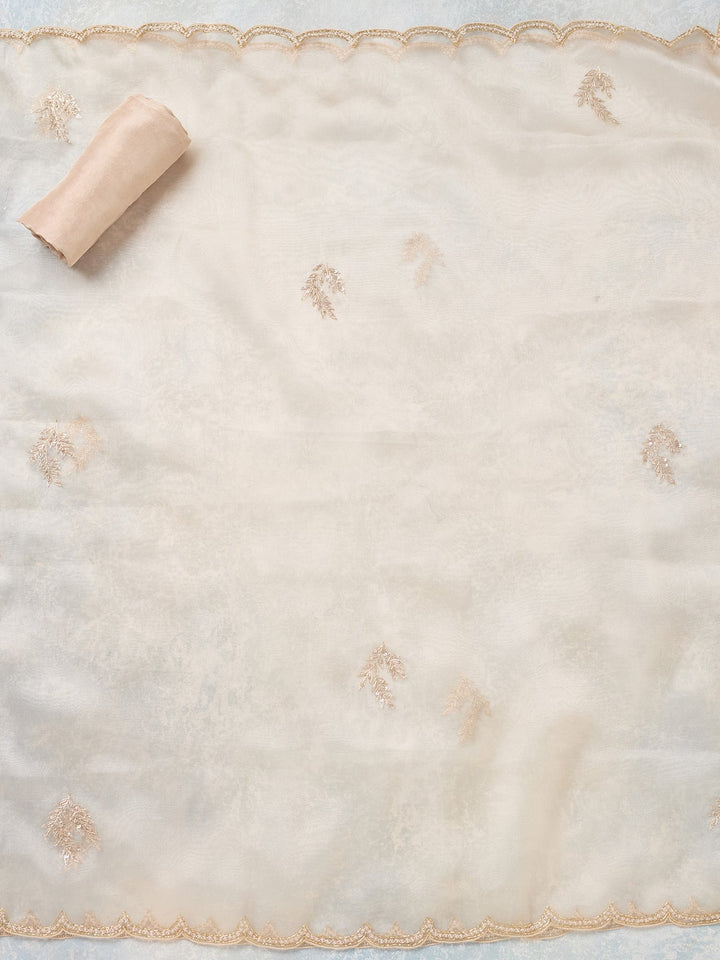 Off White Zardozi (Gold) Organza Unstitched Salwar Suit