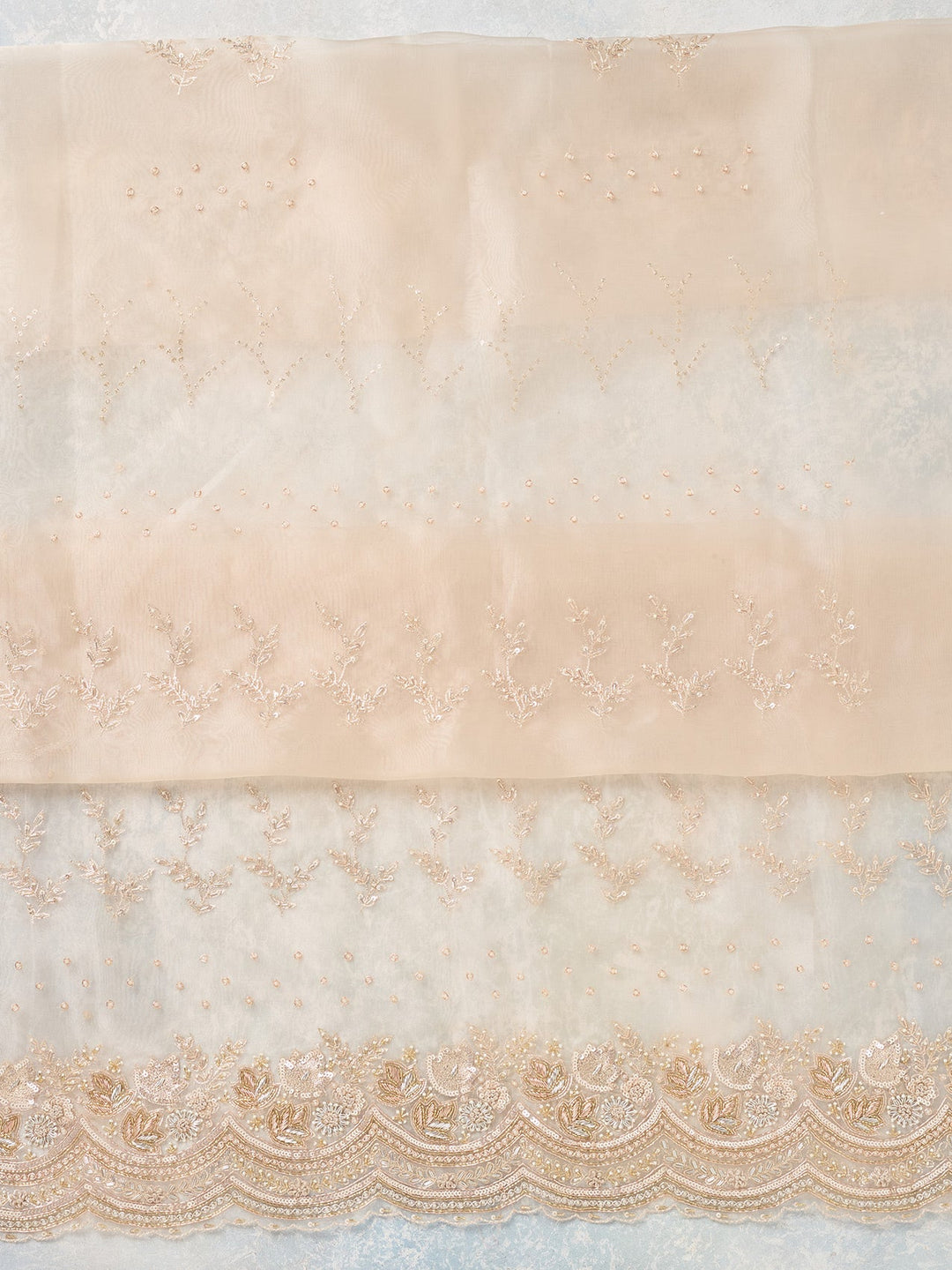 Off White Zardozi (Gold) Organza Unstitched Salwar Suit