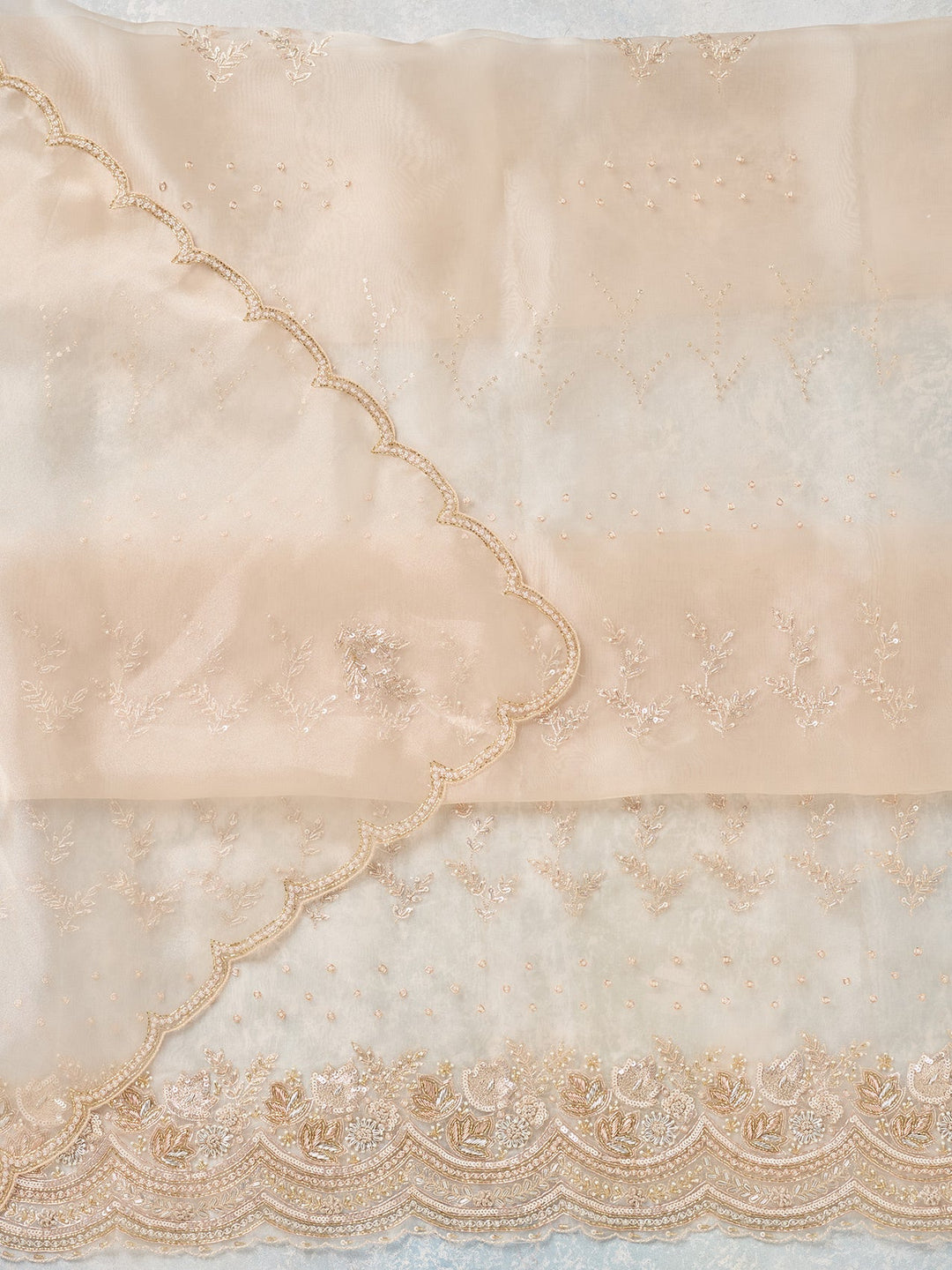 Off White Zardozi (Gold) Organza Unstitched Salwar Suit