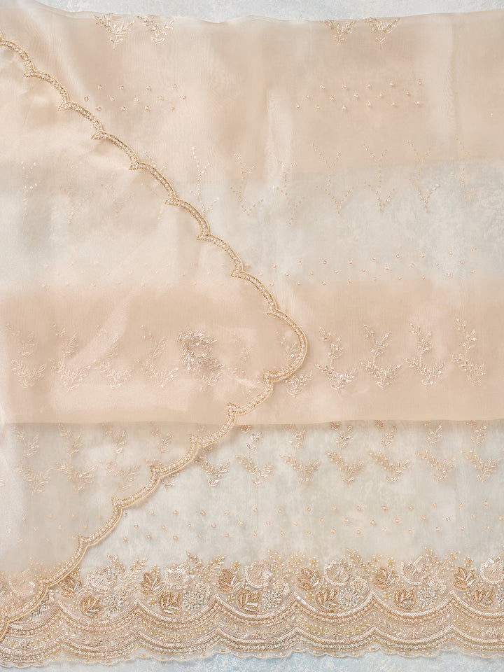 Off White Zardozi (Gold) Organza Unstitched Salwar Suit