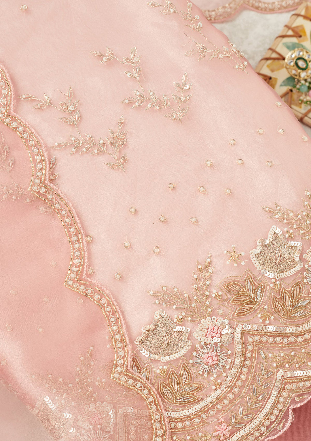 Pink Zardozi (Gold) Organza Unstitched Salwar Suit