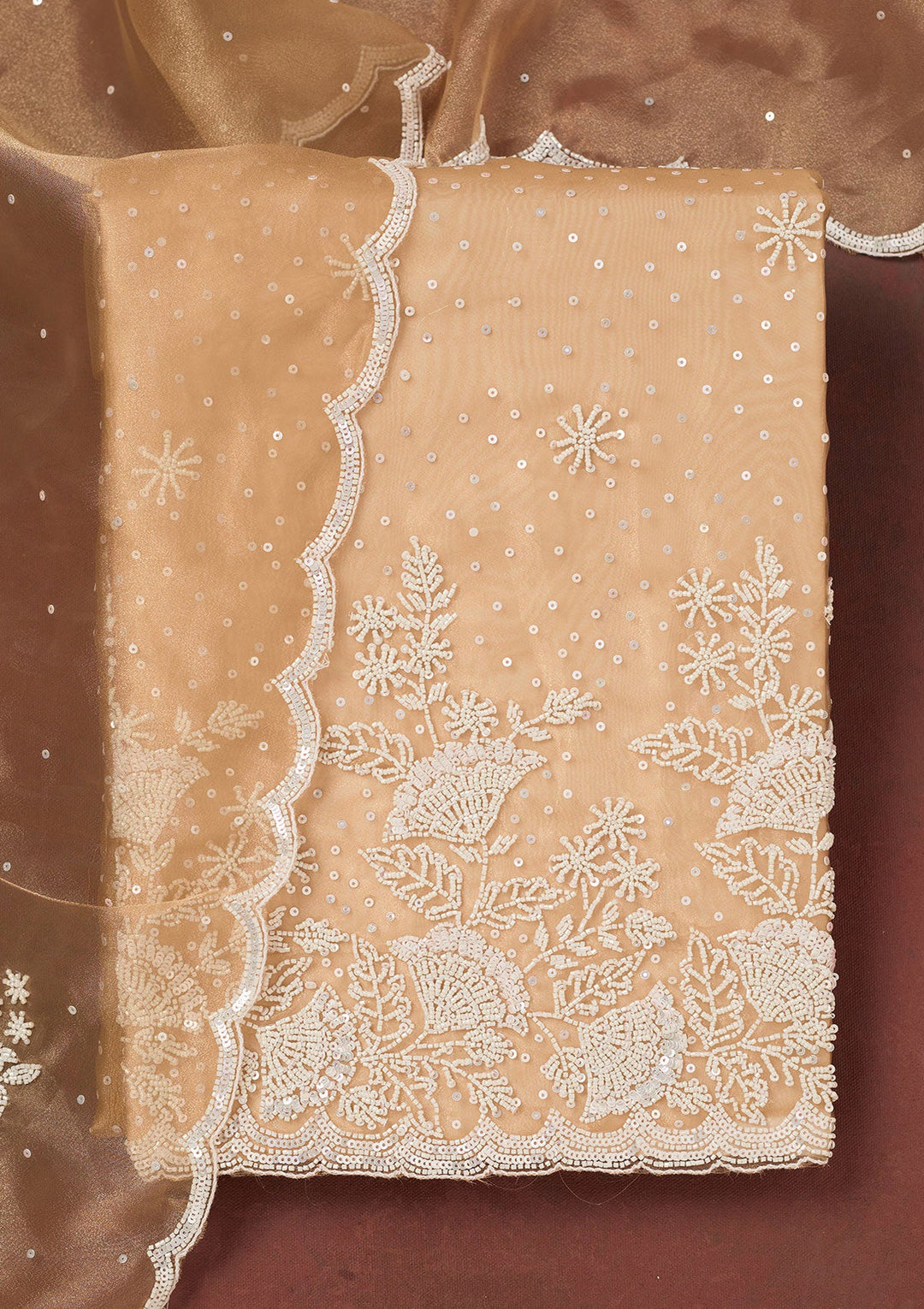 Light Brown Cutdana Organza Unstitched Salwar Suit-Koskii