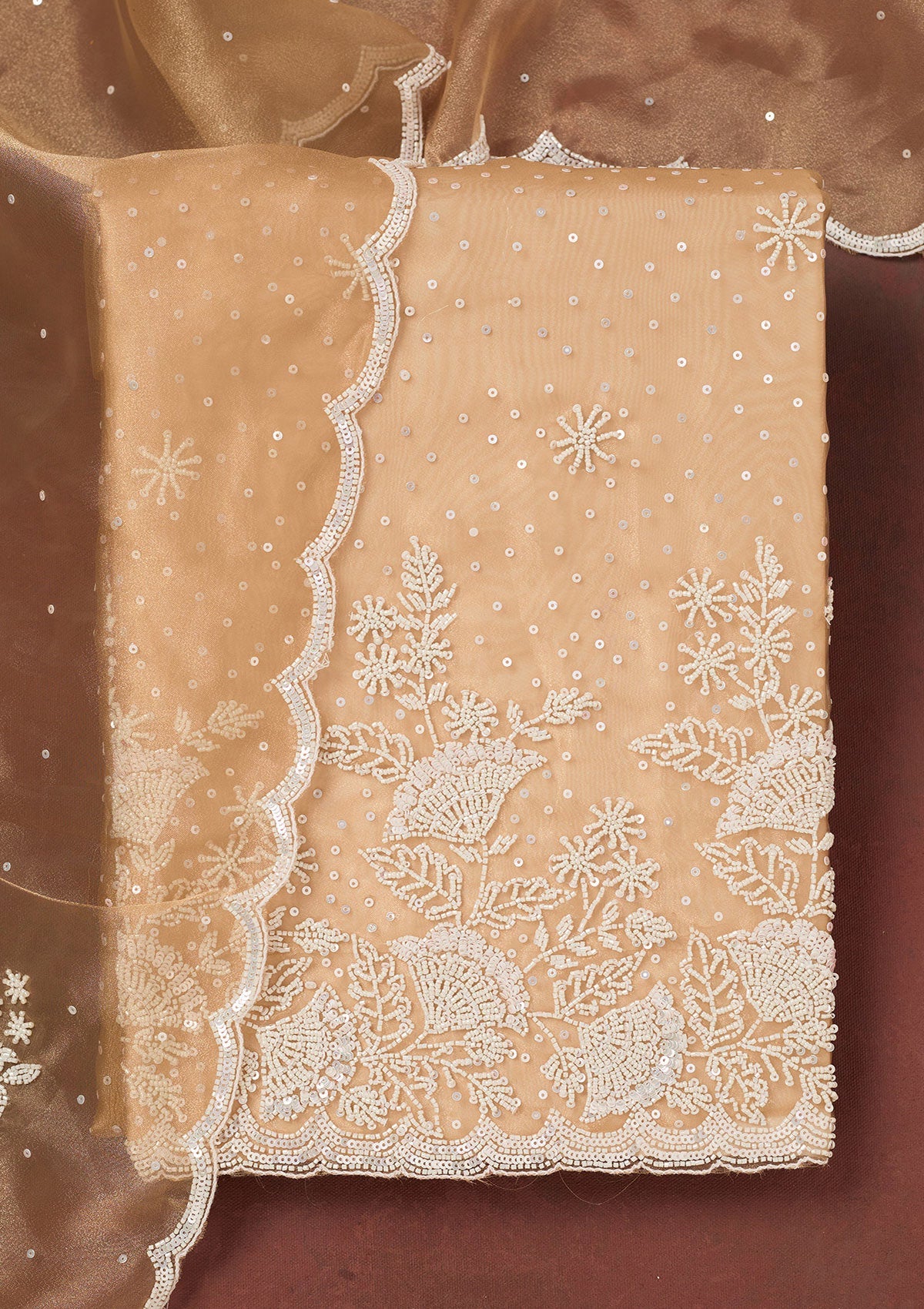 Light Brown Cutdana Organza Unstitched Salwar Suit-Koskii