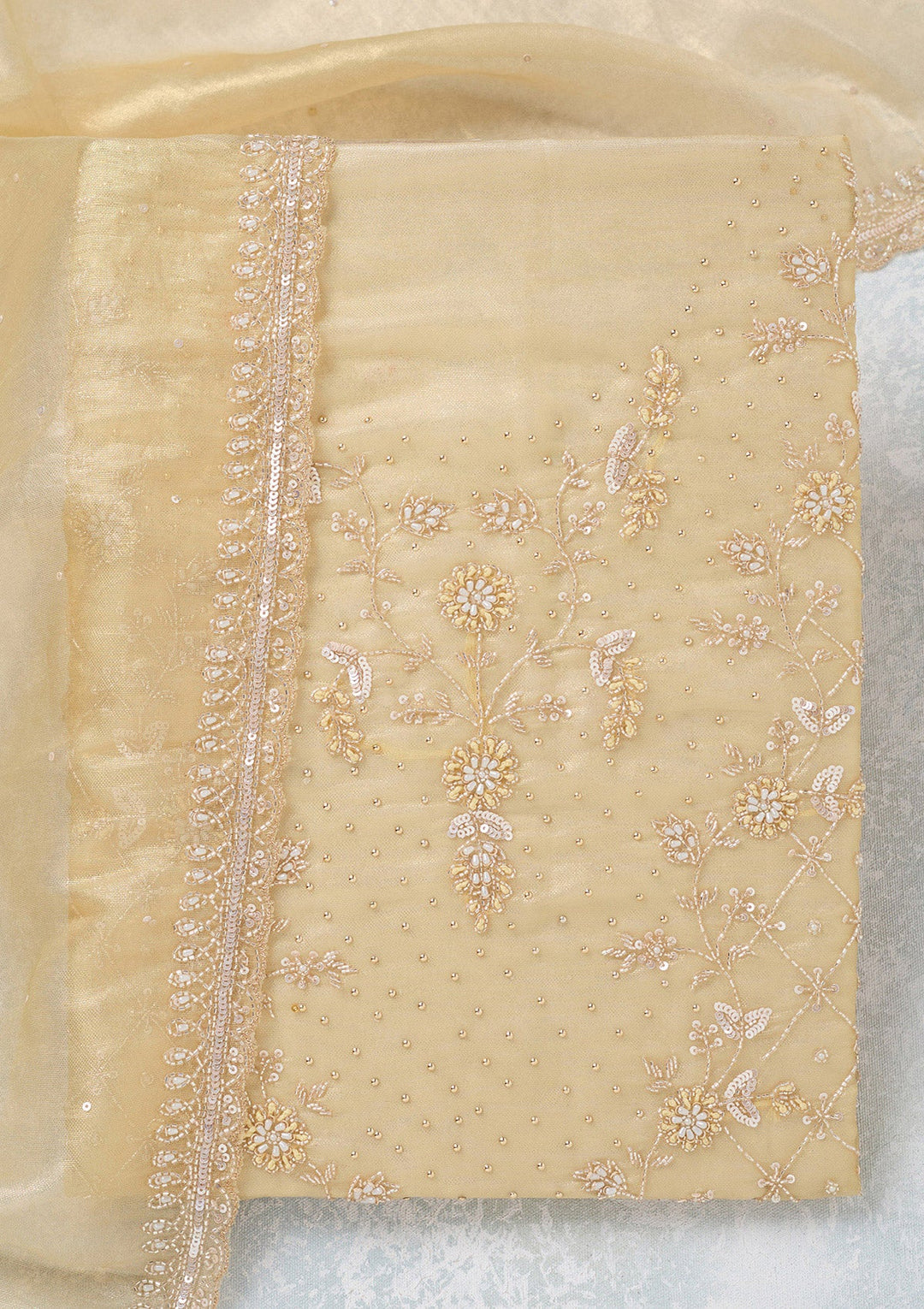 Gold Zariwork Tissue Unstitched Salwar Suit-koskii