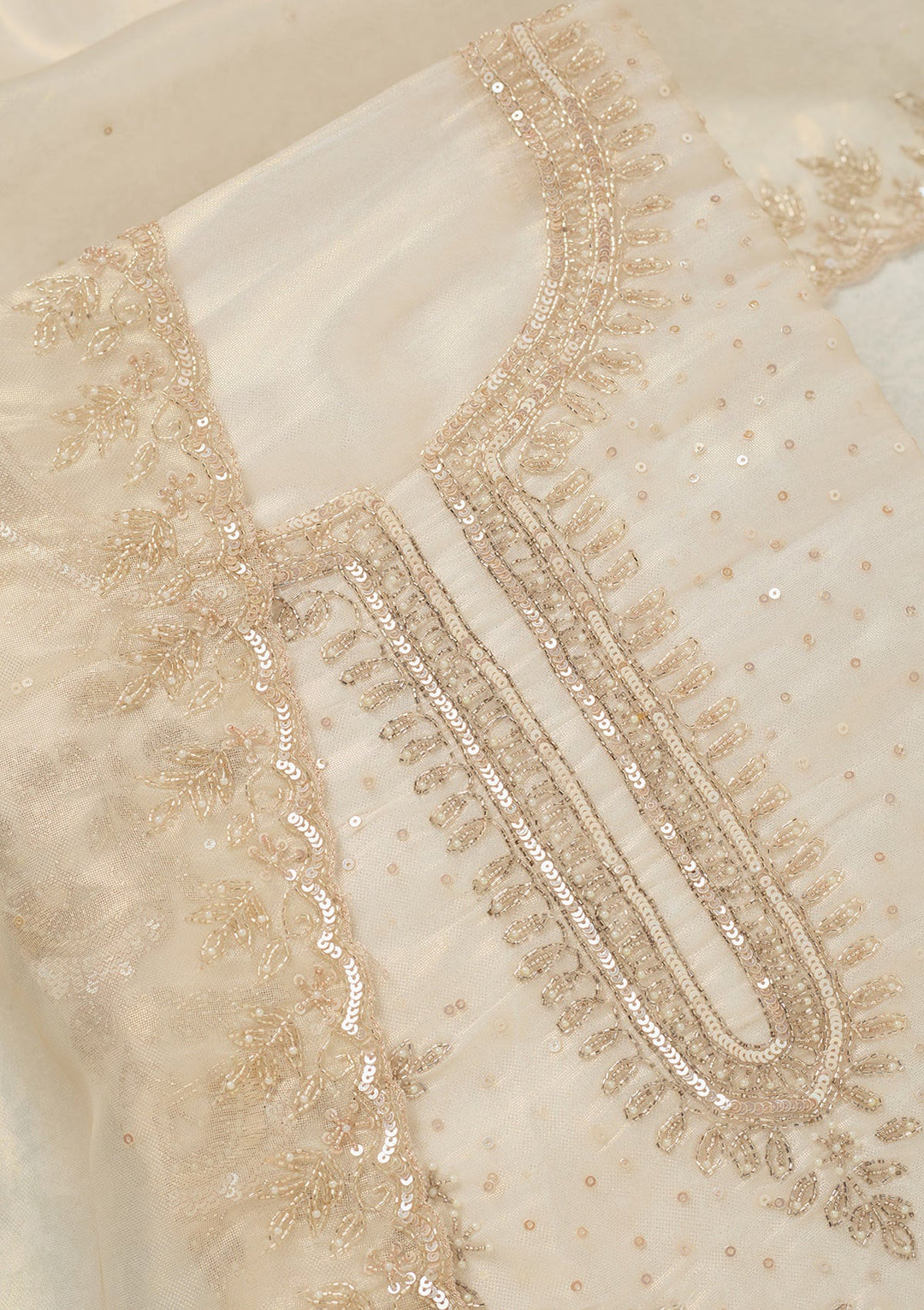 Off White Cutdana Tissue Unstitched Salwar Suit