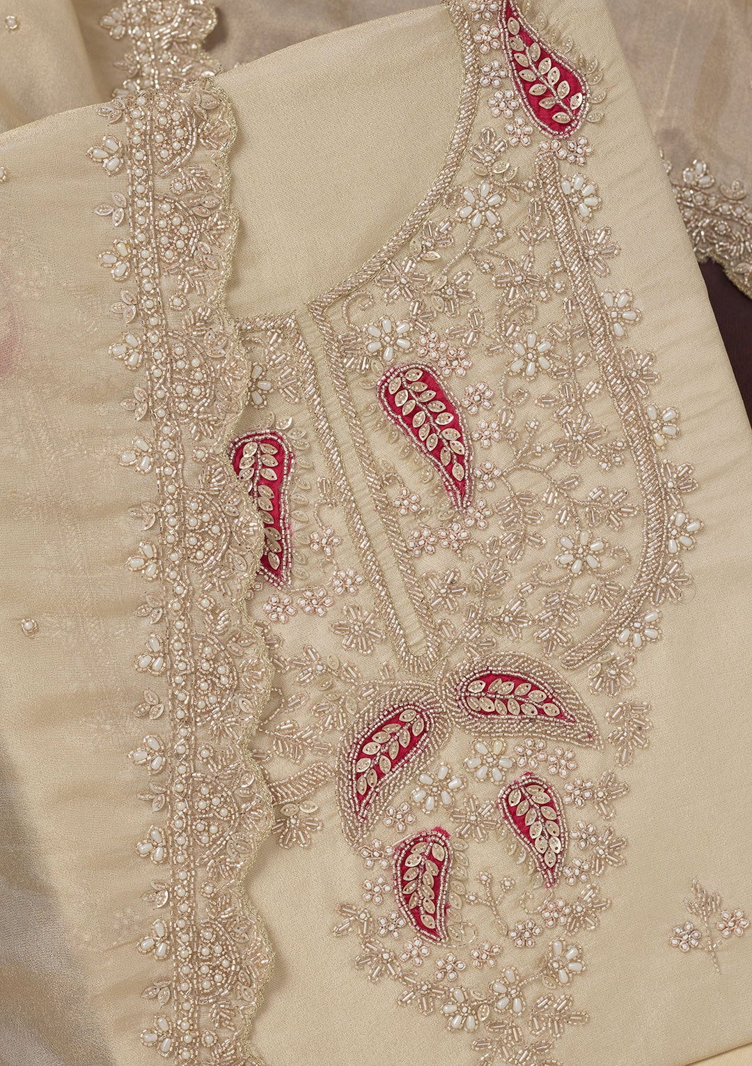 Cream Cutdana Organza Unstitched Salwar Suit-Koskii
