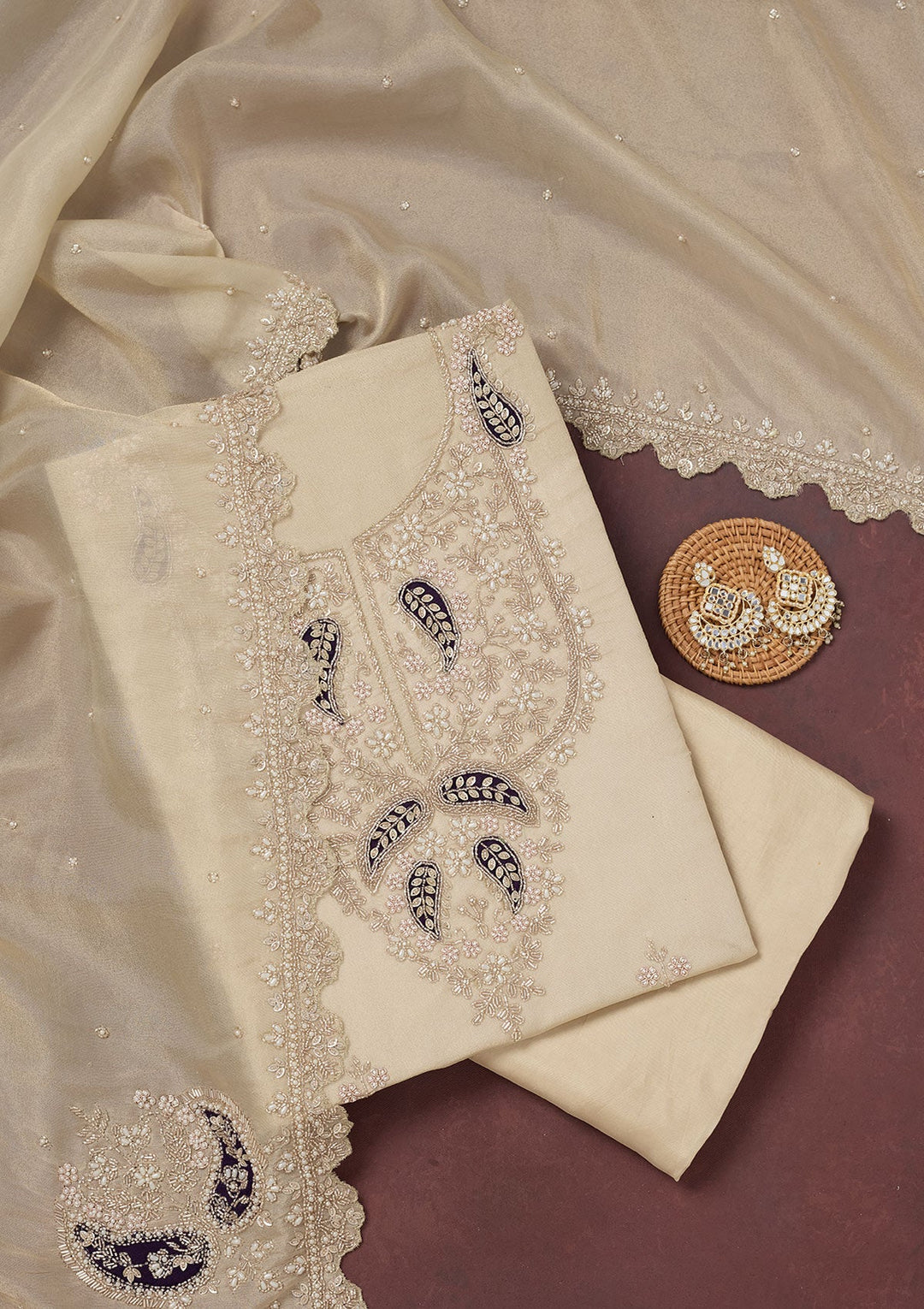 Cream Cutdana Organza Unstitched Salwar Suit-Koskii