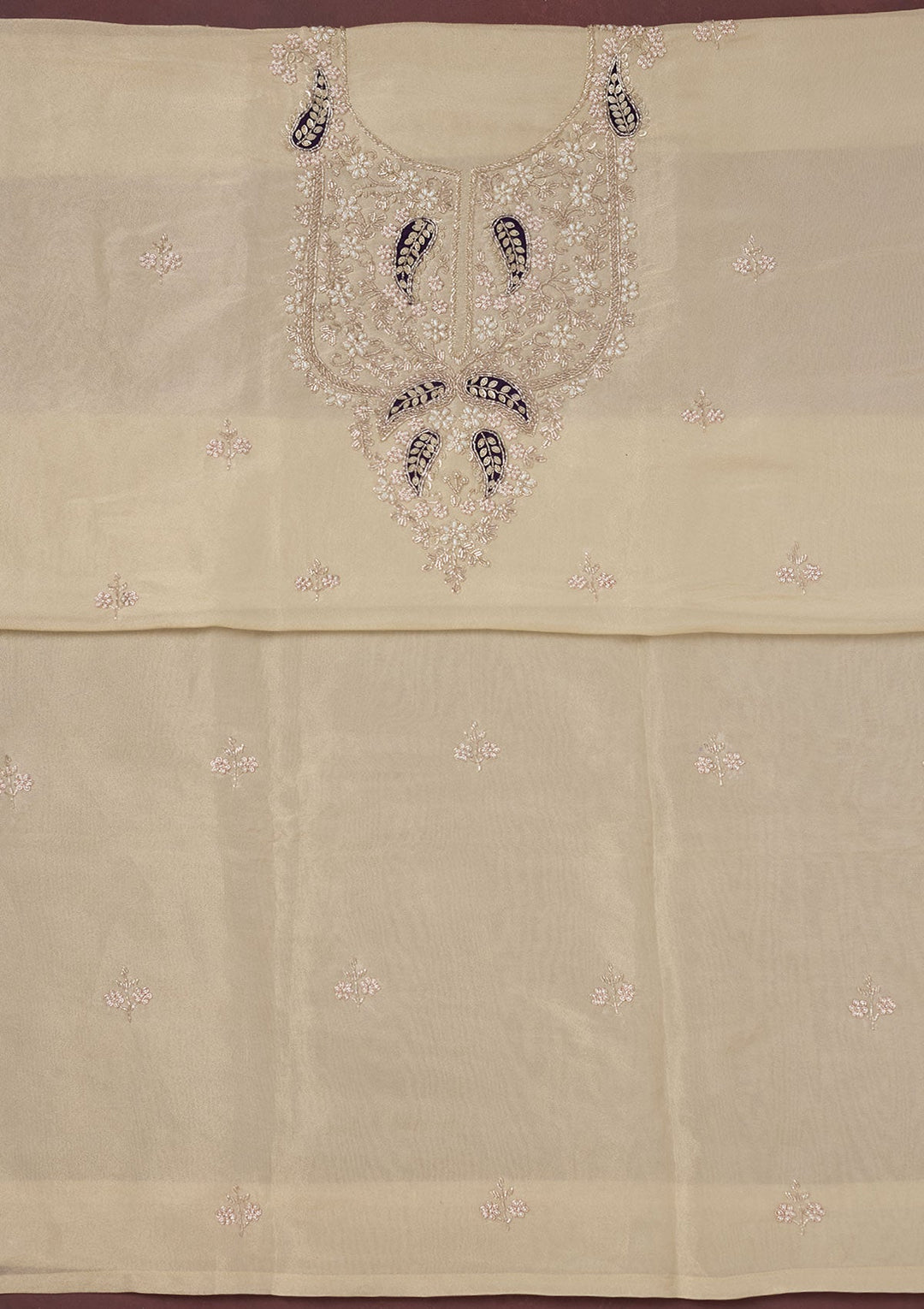 Cream Cutdana Organza Unstitched Salwar Suit-Koskii