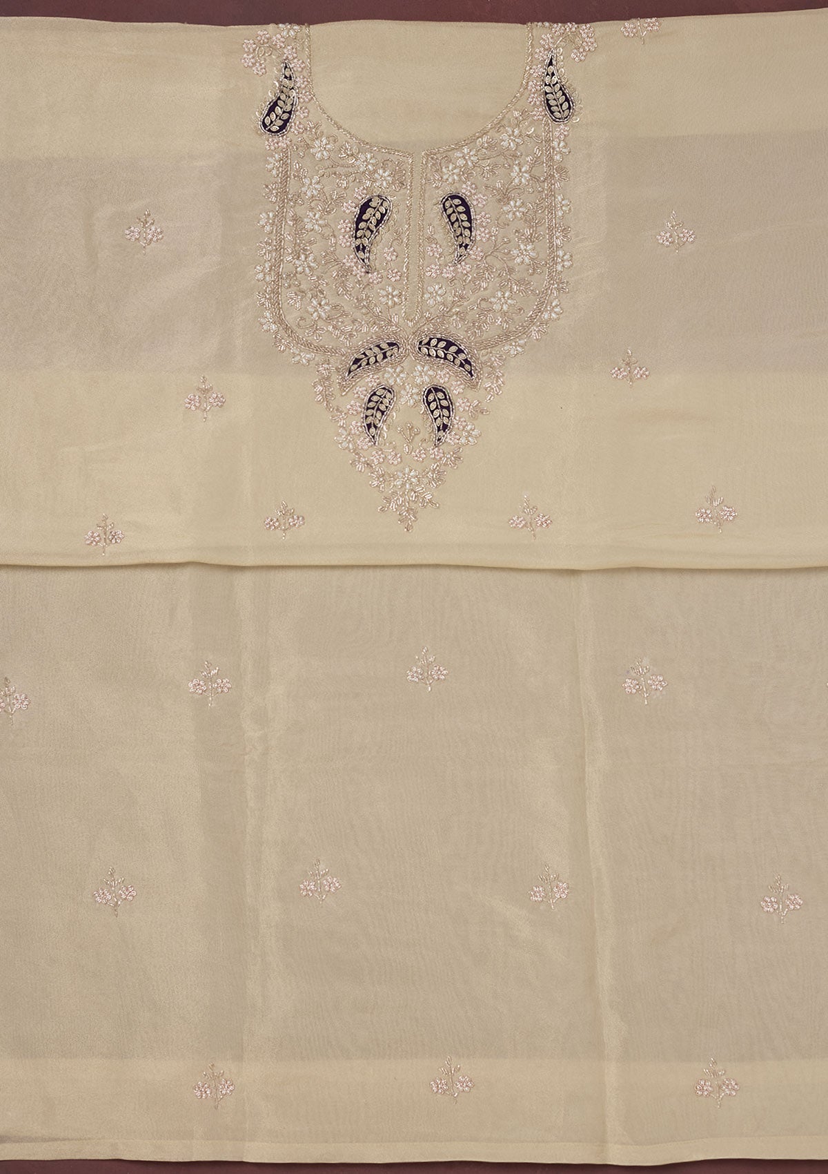 Cream Cutdana Organza Unstitched Salwar Suit-Koskii