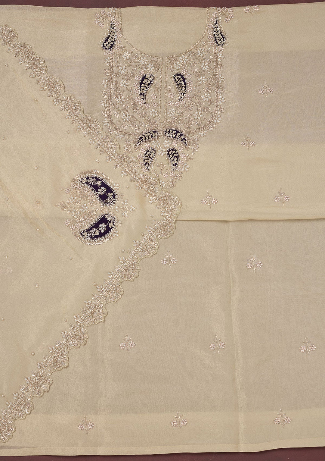 Cream Cutdana Organza Unstitched Salwar Suit-Koskii