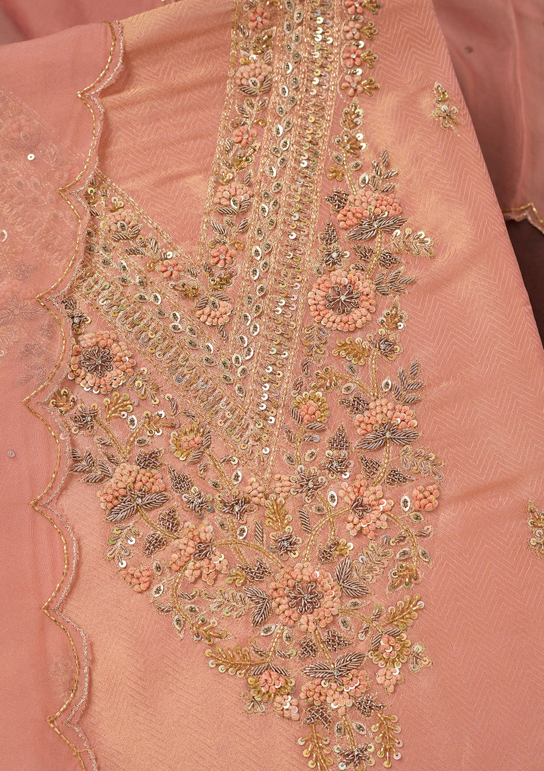 Orange Cutdana Crepe Unstitched Salwar Suit-Koskii