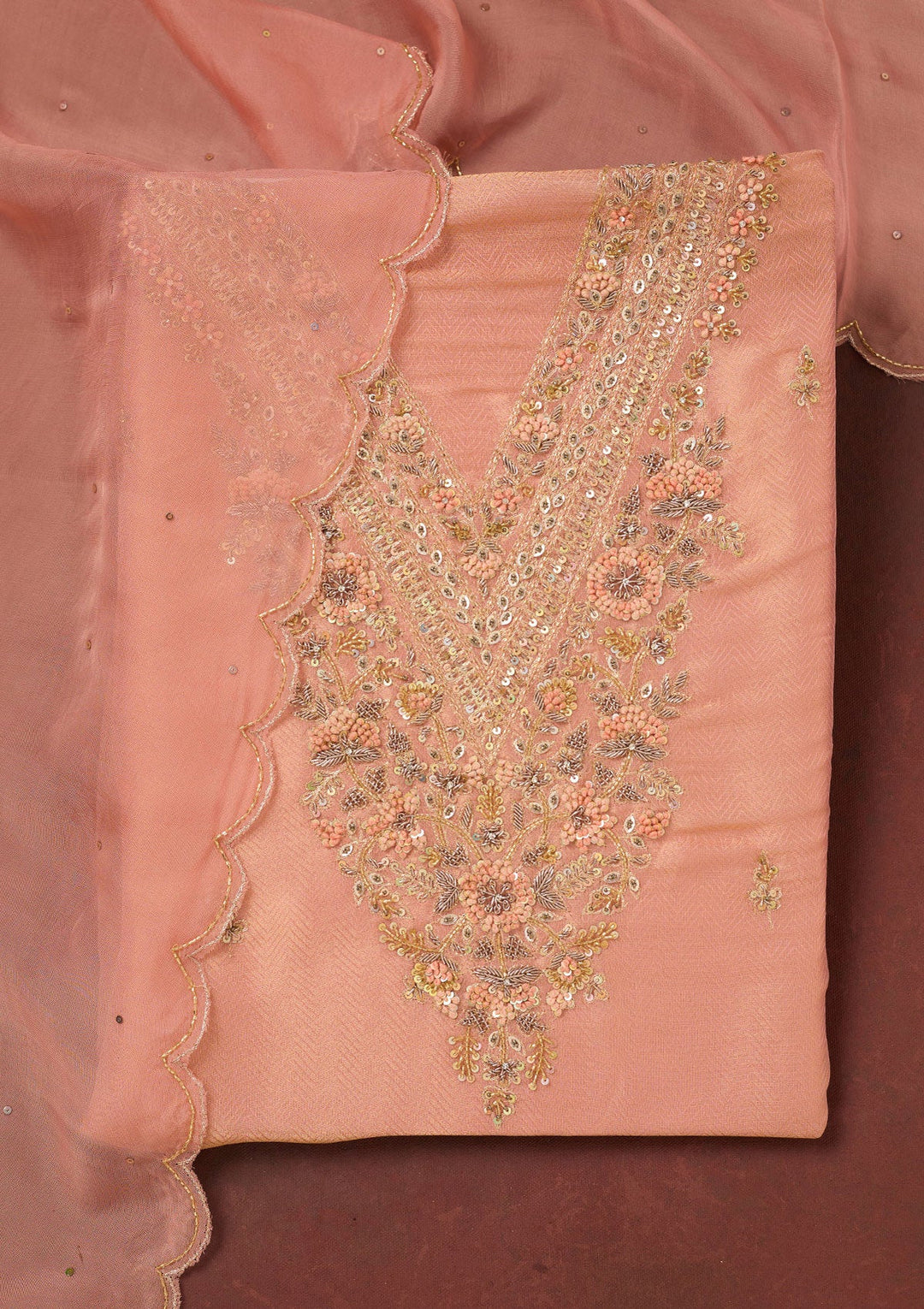 Orange Cutdana Crepe Unstitched Salwar Suit-Koskii