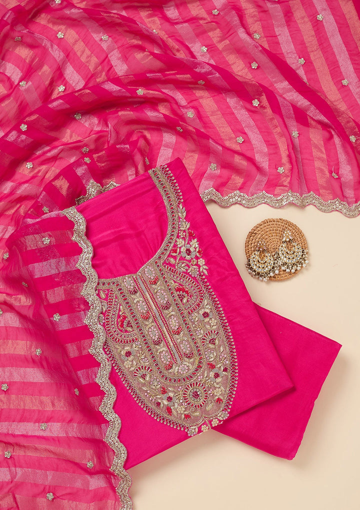 Rani Pink Zariwork (Gold) Semi Crepe Unstitched Salwar Suit-Koskii
