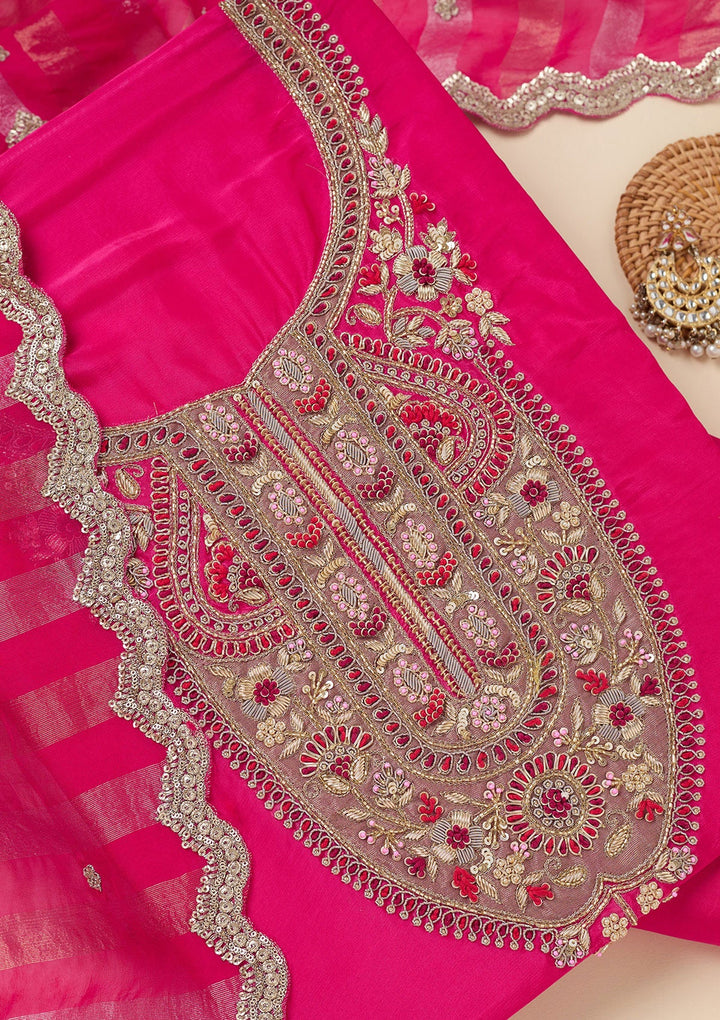 Rani Pink Zariwork (Gold) Semi Crepe Unstitched Salwar Suit-Koskii