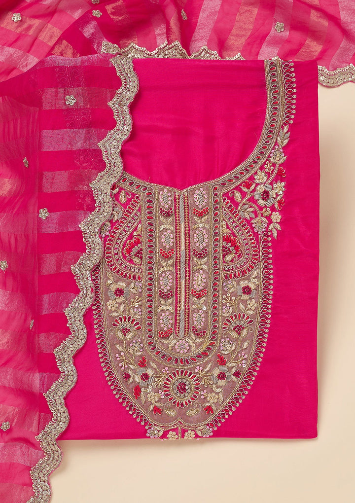 Rani Pink Zariwork (Gold) Semi Crepe Unstitched Salwar Suit-Koskii